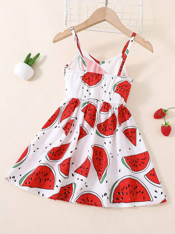 Young Girl Watermelon Print Casual Strapless Dress Summer