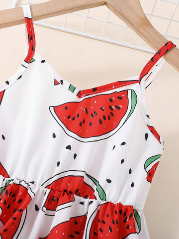 Young Girl Watermelon Print Casual Strapless Dress Summer