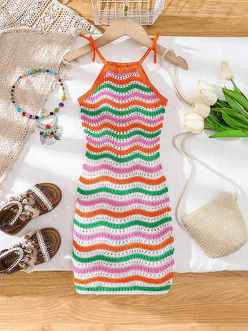 Young Girl Wave Striped Knitted Spaghetti Strap Sweater Dress