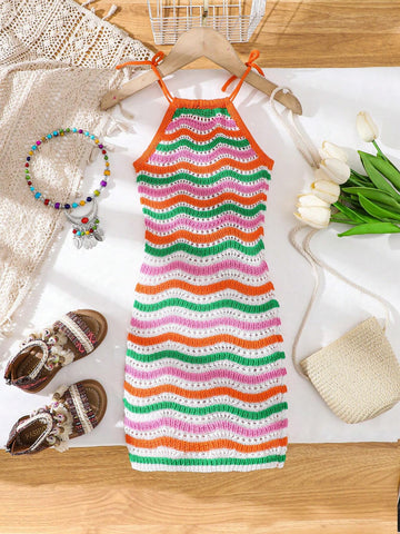 Young Girl Wave Striped Knitted Spaghetti Strap Sweater Dress