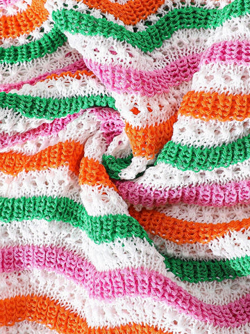 Young Girl Wave Striped Knitted Spaghetti Strap Sweater Dress