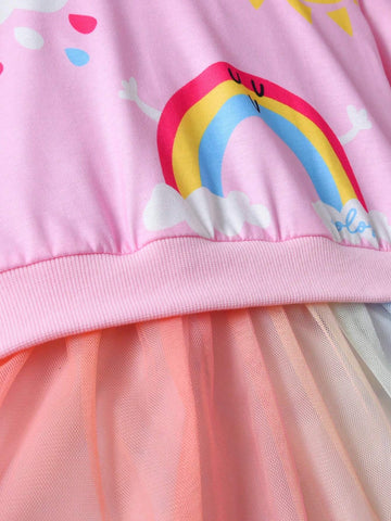 Young Girl Weather Pattern Ombre Sweatshirt Dress With Mesh Hem, Long Sleeve, Casual Outfit, Autumn/Winter New Arrival