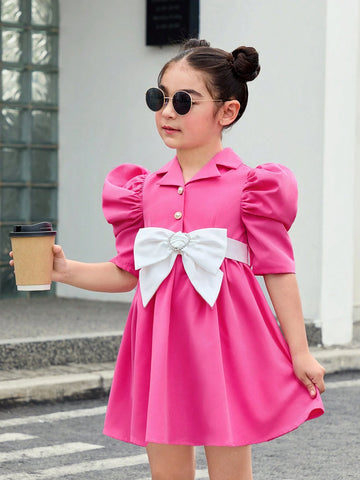 Young Girl Weave Color Block Turn-Down Collar Sheep Leg Sleeves One-Piece Casual Dress