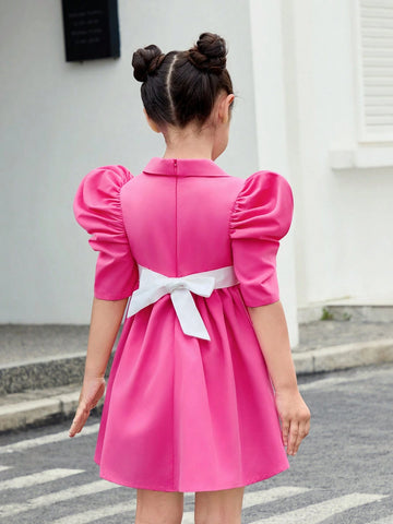 Young Girl Weave Color Block Turn-Down Collar Sheep Leg Sleeves One-Piece Casual Dress