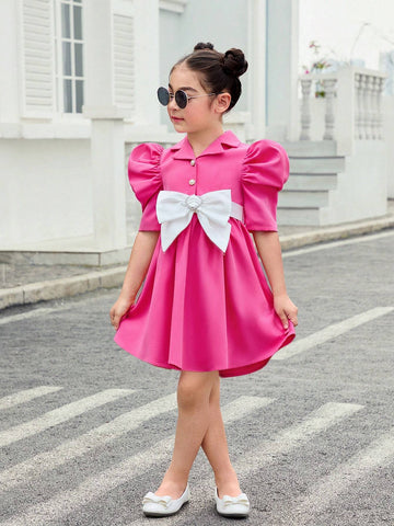 Young Girl Weave Color Block Turn-Down Collar Sheep Leg Sleeves One-Piece Casual Dress