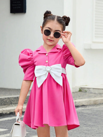 Young Girl Weave Color Block Turn-Down Collar Sheep Leg Sleeves One-Piece Casual Dress