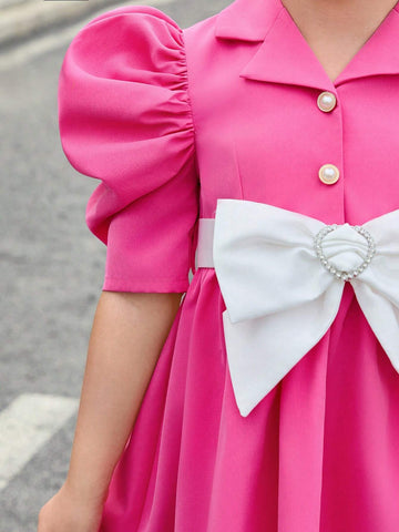 Young Girl Weave Color Block Turn-Down Collar Sheep Leg Sleeves One-Piece Casual Dress