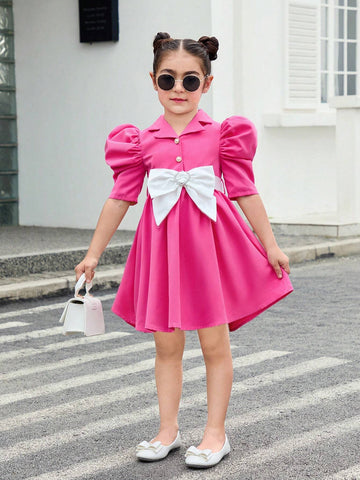 Young Girl Weave Color Block Turn-Down Collar Sheep Leg Sleeves One-Piece Casual Dress
