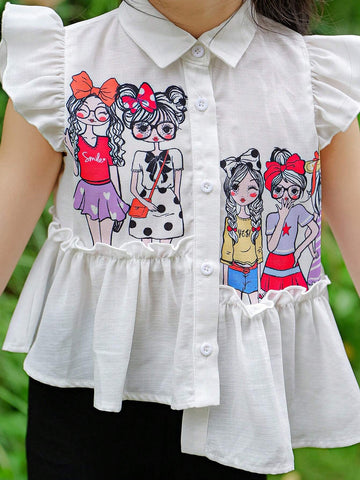 Young Girl Weave Solid Color Loose Casual Shirt With Irregular Hemline, Short Butterfly Sleeves, And Girl Pattern