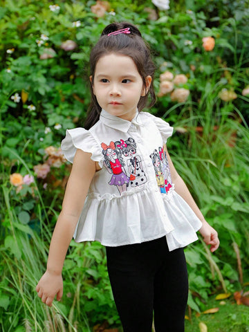 Young Girl Weave Solid Color Loose Casual Shirt With Irregular Hemline, Short Butterfly Sleeves, And Girl Pattern