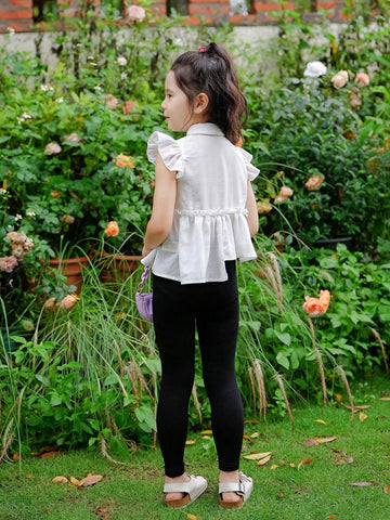 Young Girl Weave Solid Color Loose Casual Shirt With Irregular Hemline, Short Butterfly Sleeves, And Girl Pattern