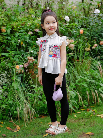 Young Girl Weave Solid Color Loose Casual Shirt With Irregular Hemline, Short Butterfly Sleeves, And Girl Pattern