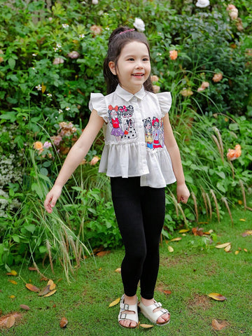 Young Girl Weave Solid Color Loose Casual Shirt With Irregular Hemline, Short Butterfly Sleeves, And Girl Pattern