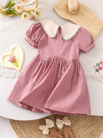 Young Girl Weaving Color-Blocking Doll Collar Bubble Sleeve Loose Waist Casual Dress