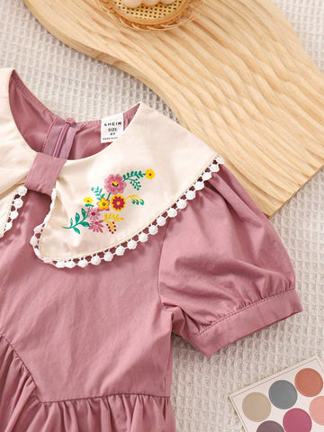 Young Girl Weaving Color-Blocking Doll Collar Bubble Sleeve Loose Waist Casual Dress