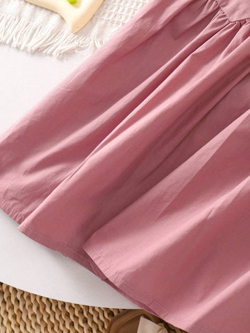 Young Girl Weaving Color-Blocking Doll Collar Bubble Sleeve Loose Waist Casual Dress