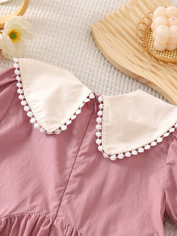 Young Girl Weaving Color-Blocking Doll Collar Bubble Sleeve Loose Waist Casual Dress