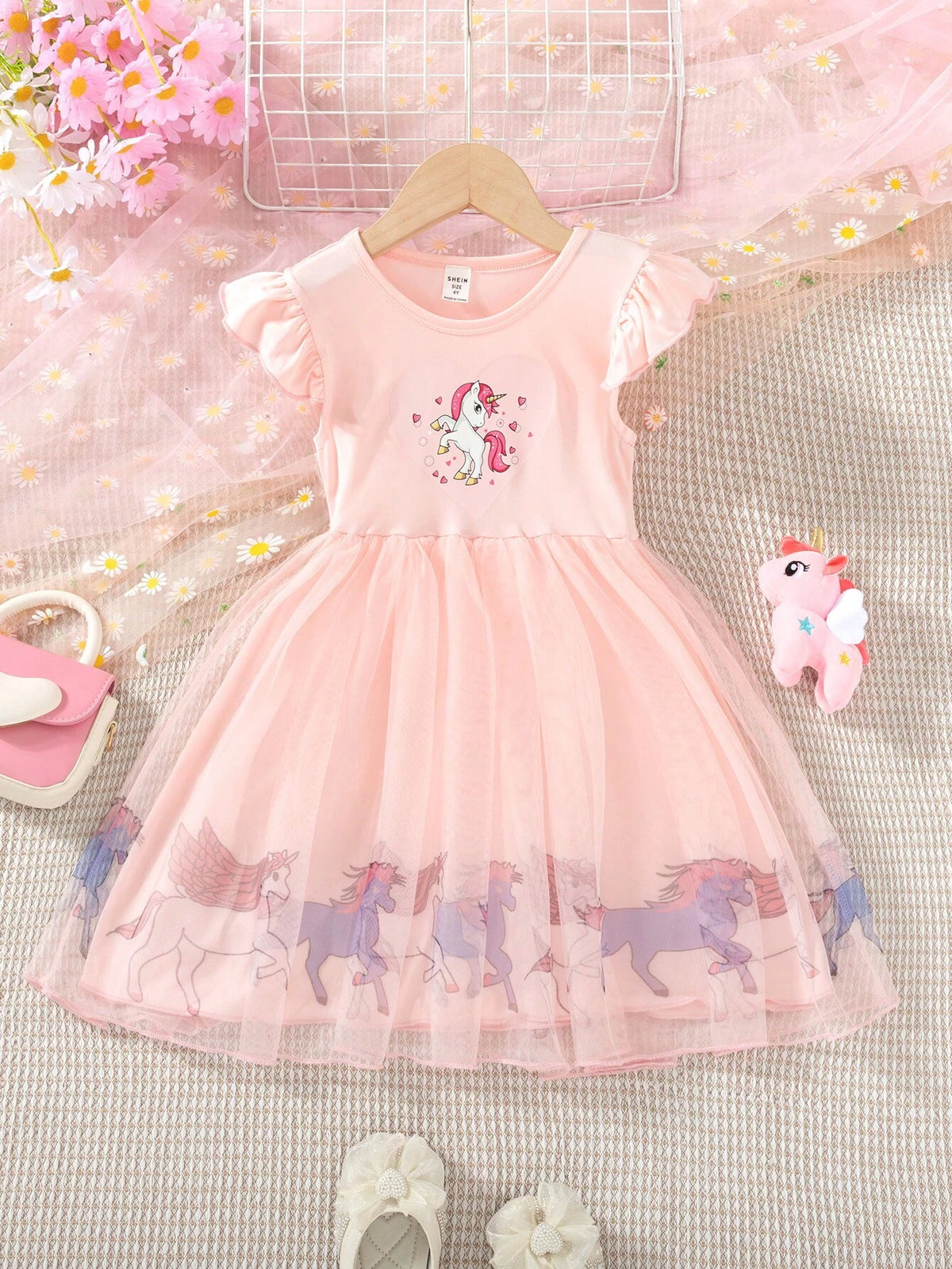 Young Girl Wedding Floral Girl Dress, Spring/Summer Collection, Colorful Printed Mesh Dress