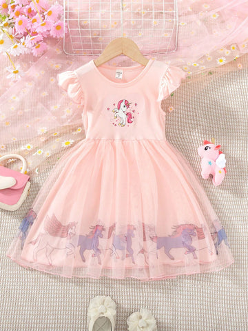 Young Girl Wedding Floral Girl Dress, Spring/Summer Collection, Colorful Printed Mesh Dress