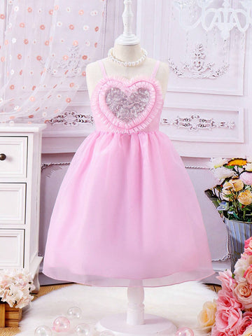 Young Girl Wedding Season Heart-Shaped Dress Princess Mesh Dress, Suitable For Birthday Parties, Dance Parties, Flower Girls, School Performances, Piano Performances And Hosting