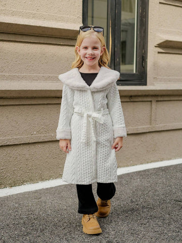 Young Girl' White Casual Warm Fluffy Textured Hooded Cardigan For Autumn/Winter