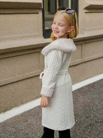 Young Girl' White Casual Warm Fluffy Textured Hooded Cardigan For Autumn/Winter