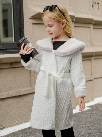 Young Girl' White Casual Warm Fluffy Textured Hooded Cardigan For Autumn/Winter