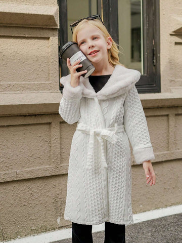 Young Girl' White Casual Warm Fluffy Textured Hooded Cardigan For Autumn/Winter