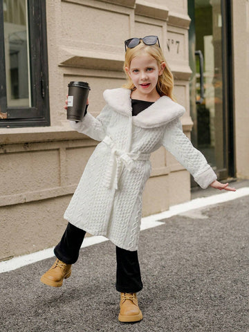 Young Girl' White Casual Warm Fluffy Textured Hooded Cardigan For Autumn/Winter