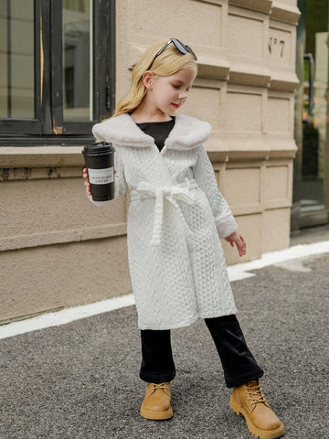 Young Girl' White Casual Warm Fluffy Textured Hooded Cardigan For Autumn/Winter