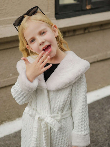 Young Girl' White Casual Warm Fluffy Textured Hooded Cardigan For Autumn/Winter