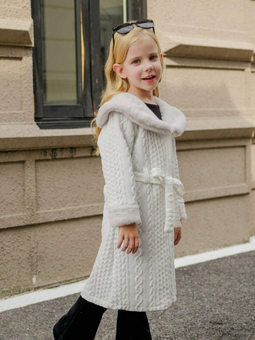 Young Girl' White Casual Warm Fluffy Textured Hooded Cardigan For Autumn/Winter
