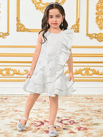 Young Girl White Elegant Jacquard Satin Layered Ruffle Ruched A-Line Asymmetrical Hem Sleeveless Dress