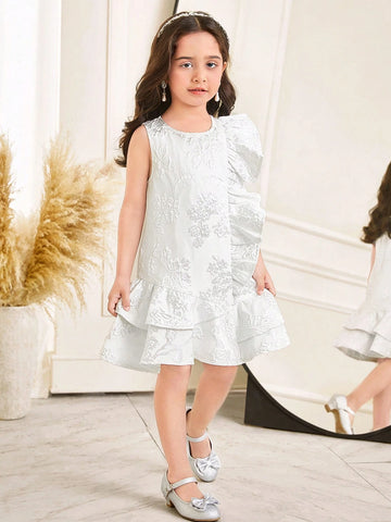 Young Girl White Elegant Jacquard Satin Layered Ruffle Ruched A-Line Asymmetrical Hem Sleeveless Dress