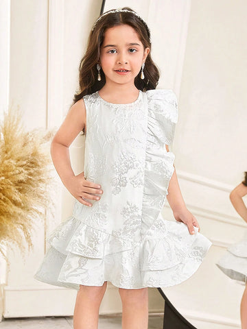 Young Girl White Elegant Jacquard Satin Layered Ruffle Ruched A-Line Asymmetrical Hem Sleeveless Dress