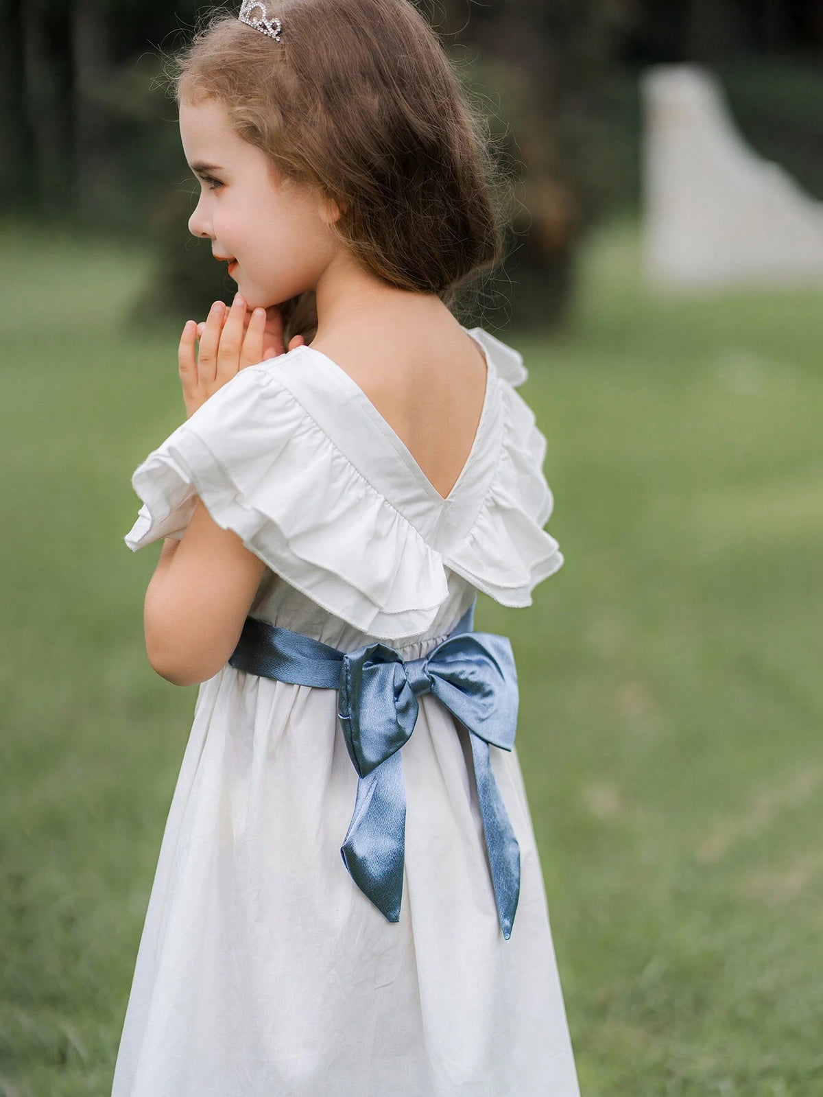 Young Girl White Satin Formal Dress With Blue Belt, Perfect For Weddings