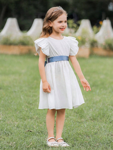 Young Girl White Satin Formal Dress With Blue Belt, Perfect For Weddings