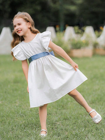 Young Girl White Satin Formal Dress With Blue Belt, Perfect For Weddings