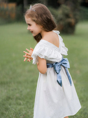 Young Girl White Satin Formal Dress With Blue Belt, Perfect For Weddings