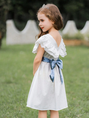 Young Girl White Satin Formal Dress With Blue Belt, Perfect For Weddings