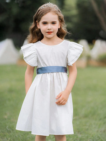 Young Girl White Satin Formal Dress With Blue Belt, Perfect For Weddings