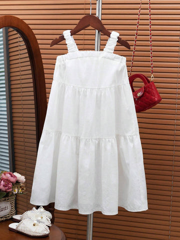 Young Girl White Sleeveless Sundress, 2024 New Summer Collection, Comfortable, Casual, Simple, And Perfect For Home Wear