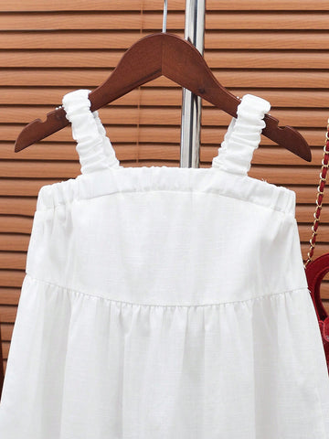 Young Girl White Sleeveless Sundress, 2024 New Summer Collection, Comfortable, Casual, Simple, And Perfect For Home Wear