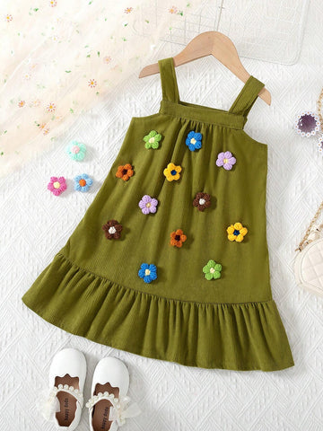 Young Girl Wide Strap 3D Floral Decor Minimalist Casual Suspender Dress