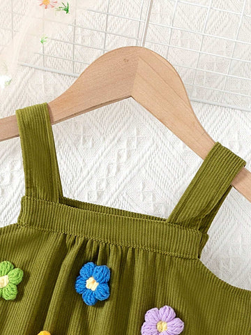 Young Girl Wide Strap 3D Floral Decor Minimalist Casual Suspender Dress