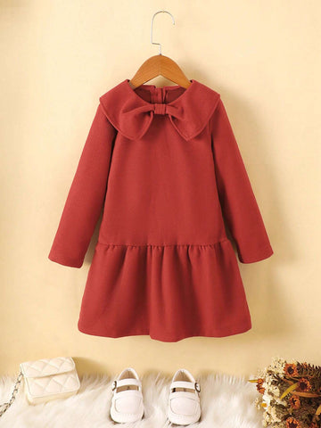Young Girl' Wine Red Peter Pan Collar Fashionable Cute Wool Blend Dress, Autumn/Winter