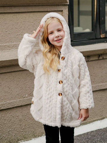Young Girl Winter Solid Color Long Sleeve Fleece Hooded Casual Jacket
