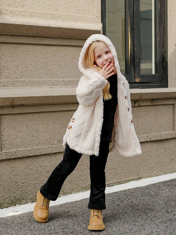 Young Girl Winter Solid Color Long Sleeve Fleece Hooded Casual Jacket