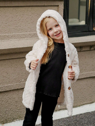 Young Girl Winter Solid Color Long Sleeve Fleece Hooded Casual Jacket