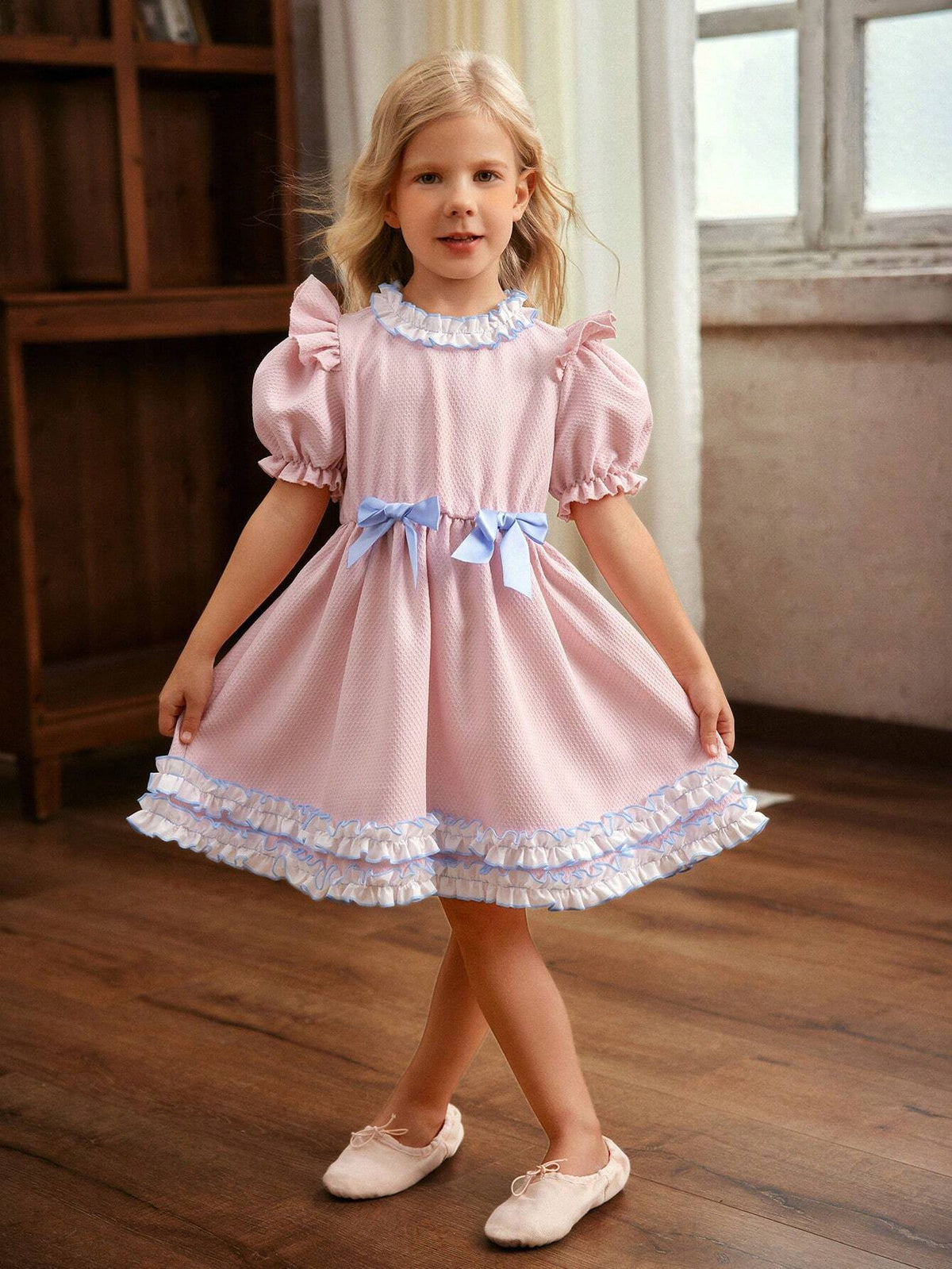 Young Girl Woven Bowknot Puff Sleeve Ruffled One-Piece Dress